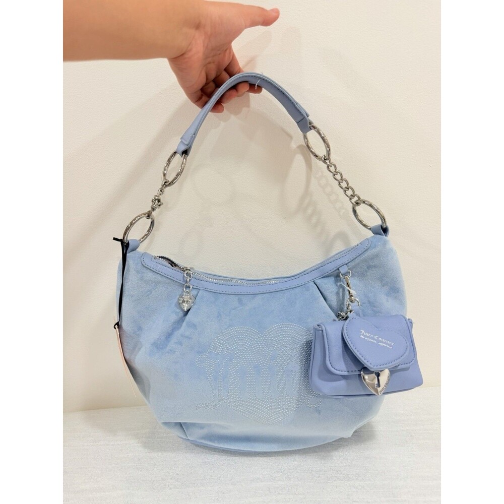 Juicy Couture Queen Couture Hobo Bag Dusty Blue Velour Rhinestone Heart